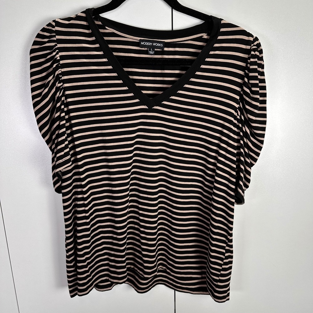 Modern Works Womens Lg Striped‎ V Neck Top Black Beige Paris Fall Chic Classic